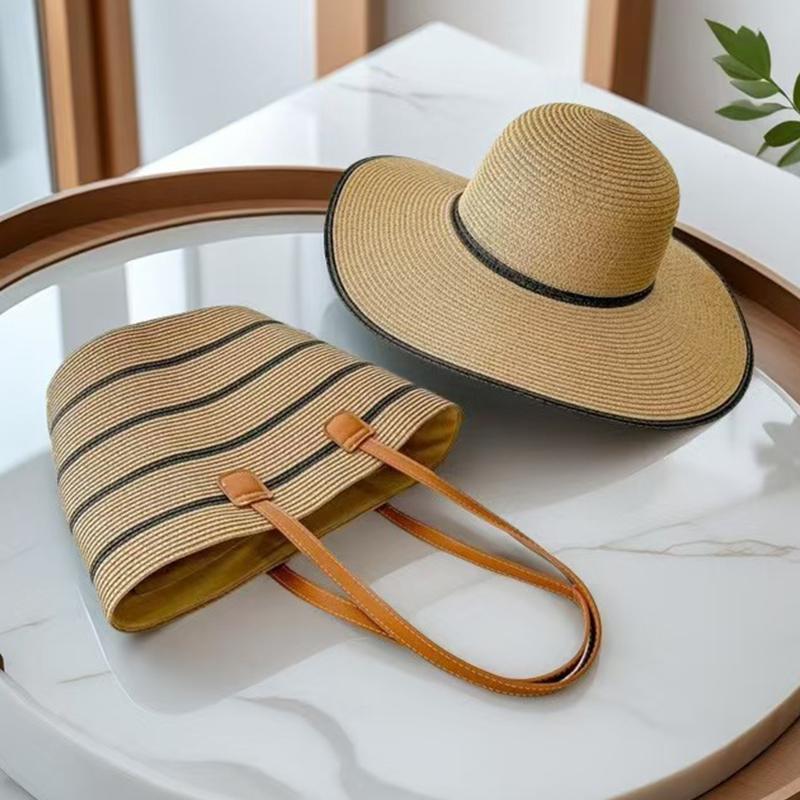 

Набір з двох предметів Солом яний сонцезахисний капелюх з широкими крисами Літній солом яний капелюх з модною солом яною сумкою Велика містка сумка-тоут