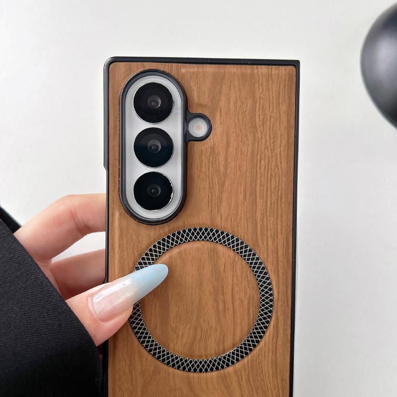 MagSafe Magnetic Wireless Charging PC+ Imitation Wood Grain Leather Phone Case For Samsung Z Fold 7 6 5 4 3 Folding Back Cover