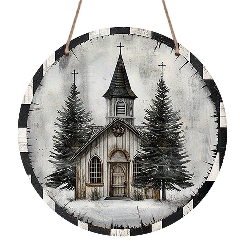 2D Flat, 1pc Round Aluminum Hanging Sign with a Rustic Style Featuring a Vintage Church And Christmas Tree Design - Easy To Hang Indoor Outdoor