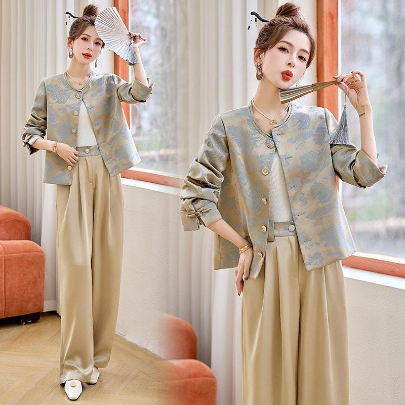 New spring jacquard jacket women's wide-leg pants two-piece set spring design wear a complete set