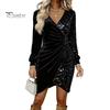 Long Sleeve Velvet Dress Women Sequin Wrap Mini V Fall Neck Ruched Bodycon Glitter Party Cocktail Club Shimmering