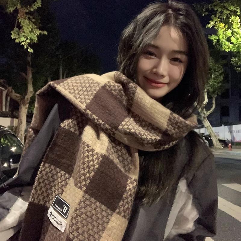 Autumn and Winter Japanese Korean Style Retro High End Plaid All Match Imitation Cashmere Scarf Thickened Neck Scarf Long Shawl