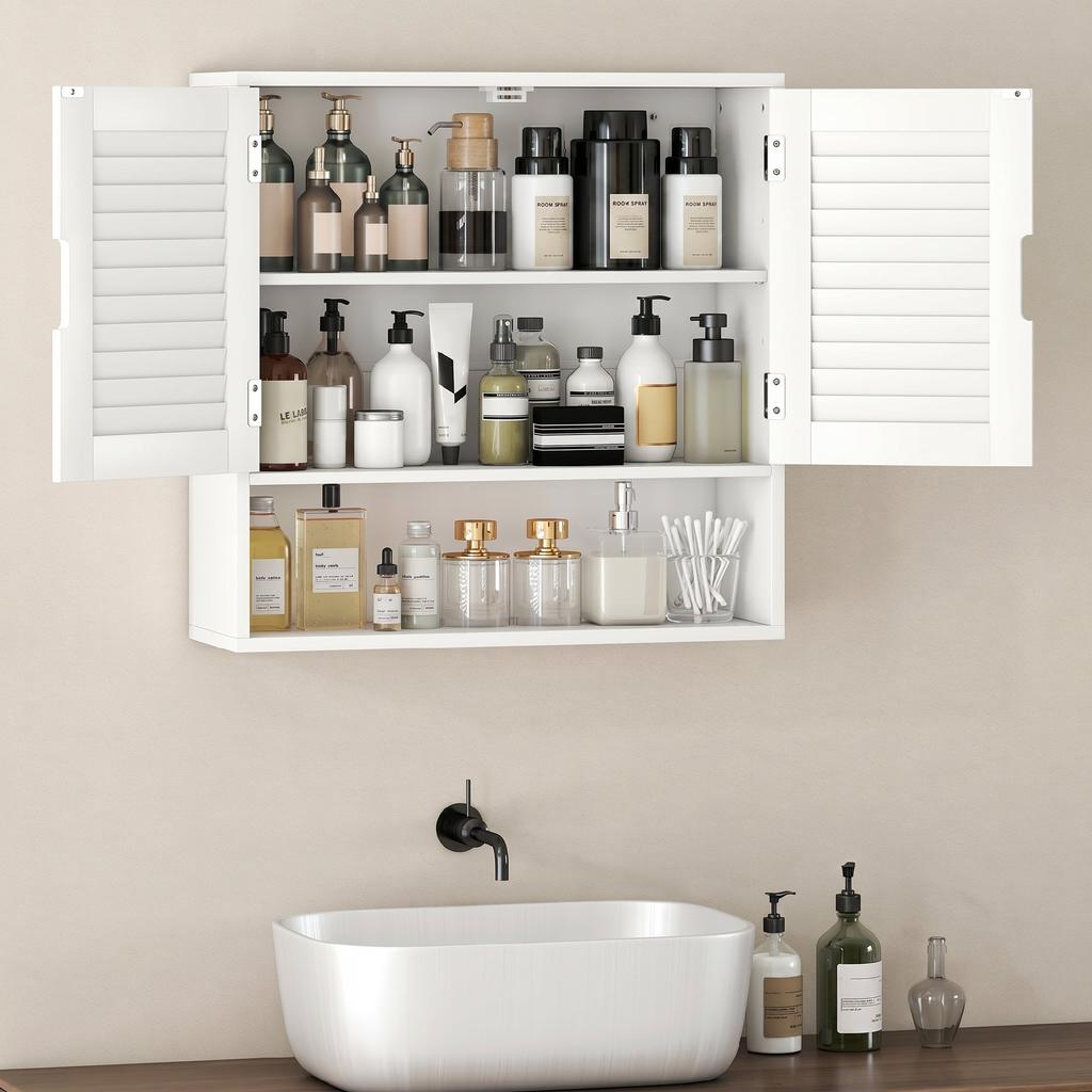 Bathroom Wall Cabinet, Slatted Door, Adjustable Shelf, Open Compartment, 60 x 20 x 60 cm, White