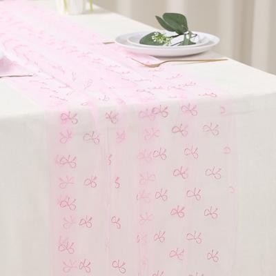 Söt Rosa Rosett Tema Bordslöpare Skir Elegant Bordsduk Tüll Mjuk Ostduk Bordsdukning Födelsedagsdekoration