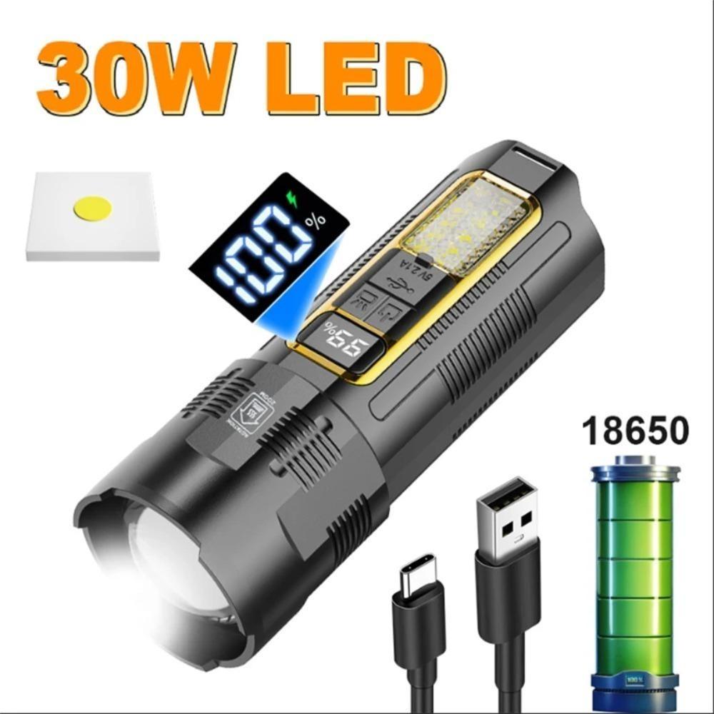 High Power 30W LED Flashlight Built-in 18650 Battery Portable Zoom LED Torch USB Rechargable Emergency Camping Power Bank