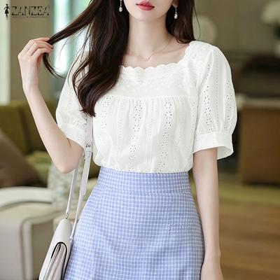 Women Casual Square Collar Short Sleeve Patchwork Crochet Blouse