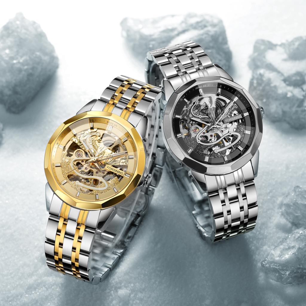 FORSINING Original Gold Skeleton Mechanical Man Watch Automatic Movement Clock Luxury Stainless Steel Men's Watches