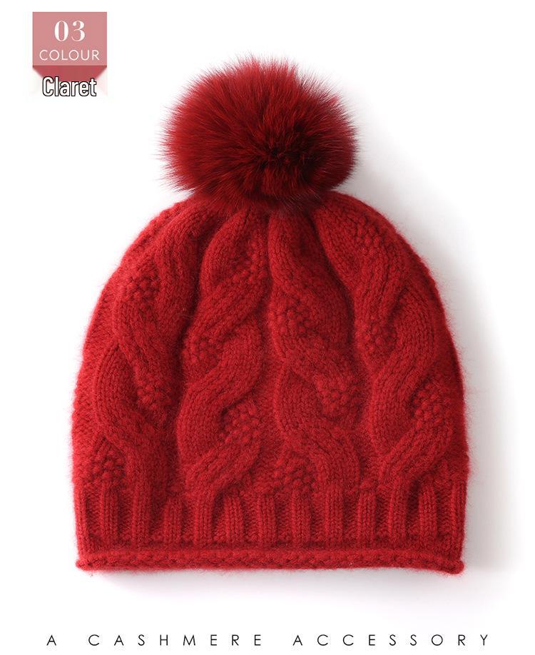 Women's Cable Knit Cashmere Beanie with Fox Fur Pom Pom - Thickened, Warm, and Casual Winter Ear Protection Hat