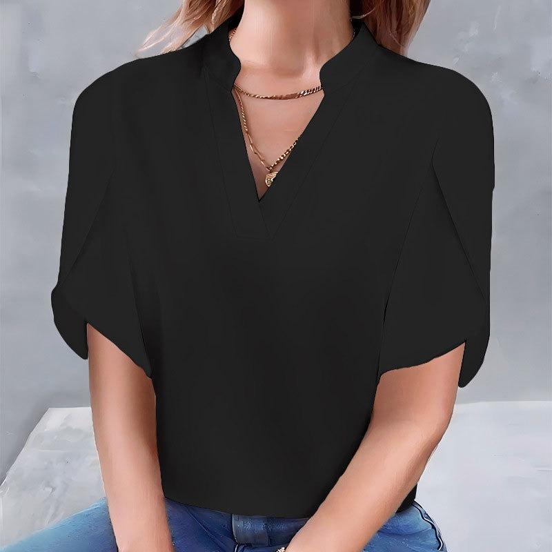 GMXIA Kadın Modası Günlük Düz Renk Desen Kısa Kollu V Yaka Bluzlar ve Gömlekler