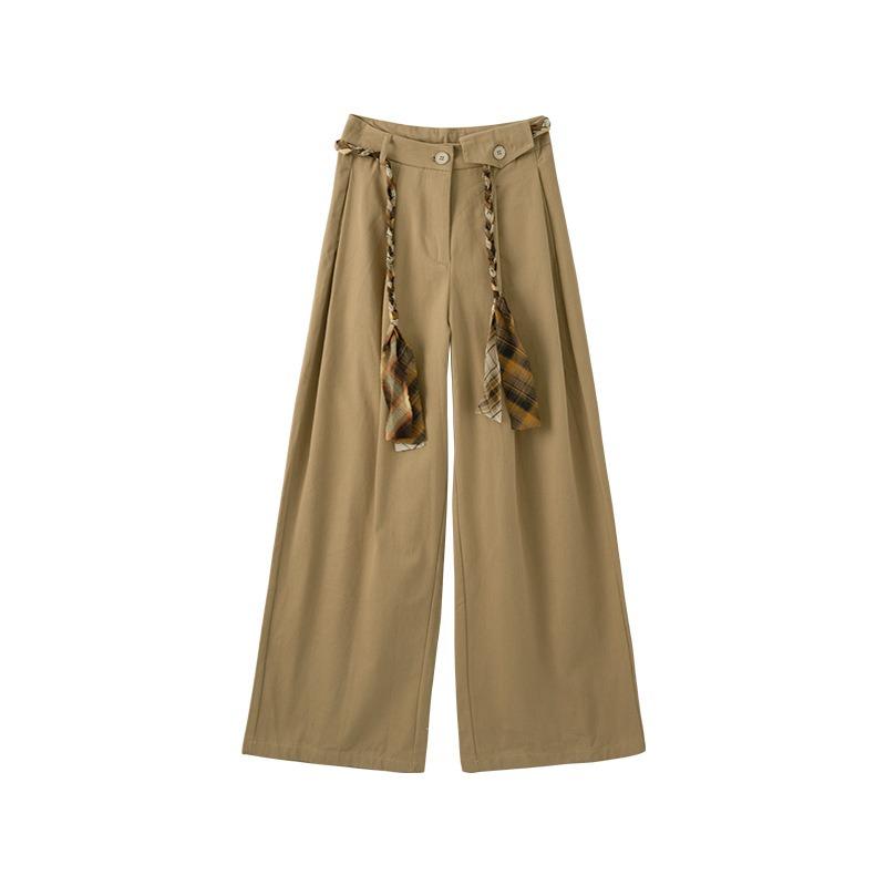 Army Green Retro Tooling Wide-leg Pants Women's Autumn New High-waisted Lace-up Flower Rope Lazy Scimitar Pants