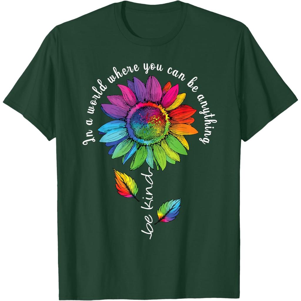 Rainbow Sunflower Be Kind Autism Awareness Graphic Tee Casual Cotton T-Shirt Unisex