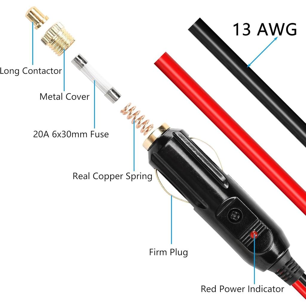 Zigarettenanzünder Stecker Kabel, 12V Ersatz Auto Zigarettenanzünder, Mit 20A Sicherung, 13AWG Verzinnter Enddraht (2M)
