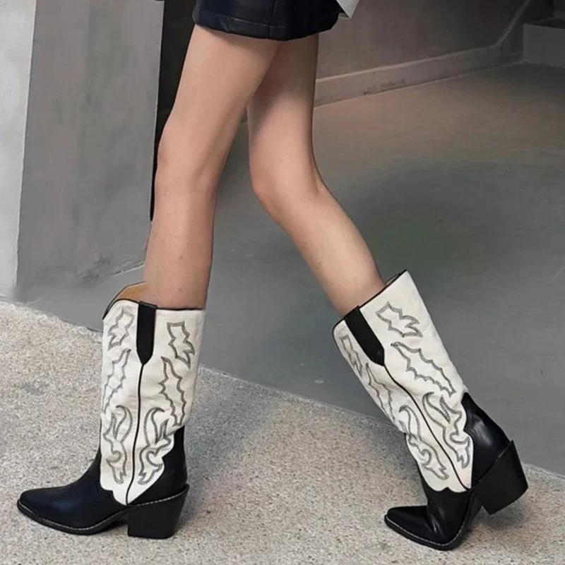 Fashion Designer Autumn Gladiator Woman Knee High Boots Fashion Embroidery Thick High Heel Shoes Ladies Outdoor Long Booties