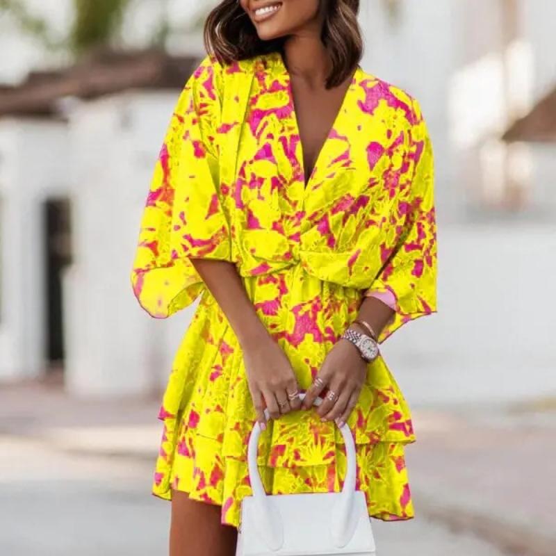 BITCED Women's Autumn V-Neck Loose Bat Sleeve Printed Dresses