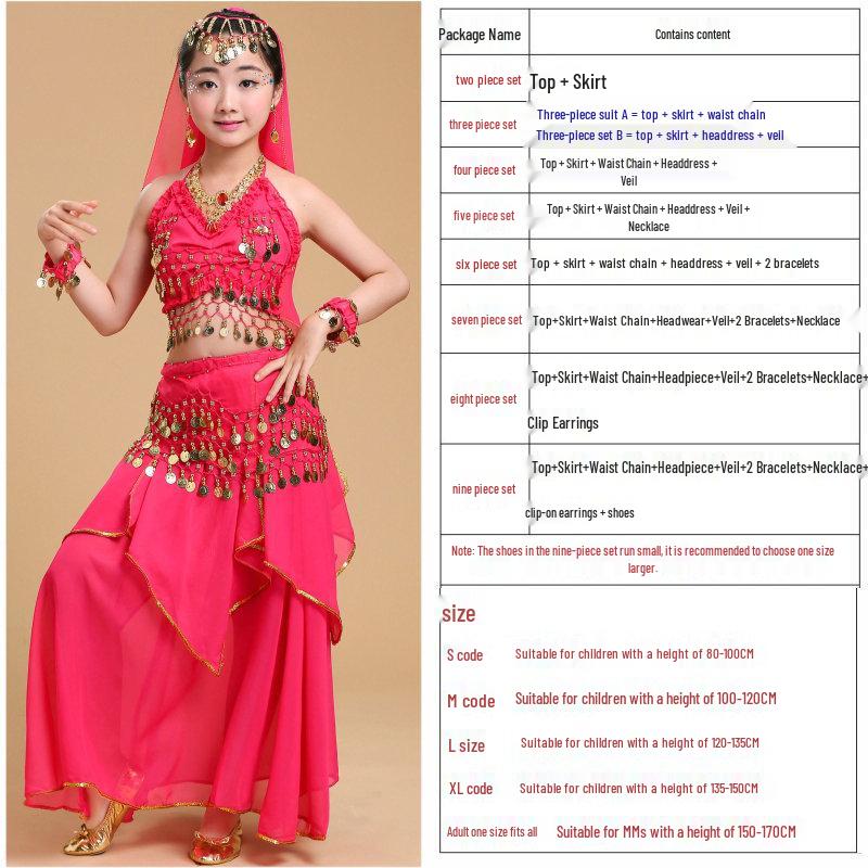 

Дитячий індійський танцювальний костюм - Наряд для танцю живота та етнічних виступів для дівчаток L = Suitable for 120-135cm