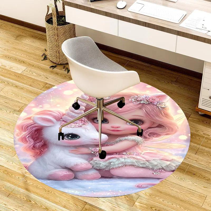 1PC Unicorn Fairy Non-Slip Floor Round Carpet, Office, Family, Bedroom, Large Area Rug Indoor Rugs,  Durable PolyesterH0391