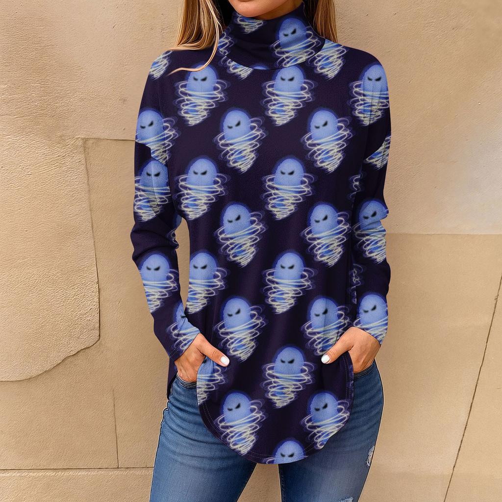 Tee Shirts For Women Fall Casual Long Sleeve Shirts Sweatshirt Vintage Printed High Neck Top Pullover