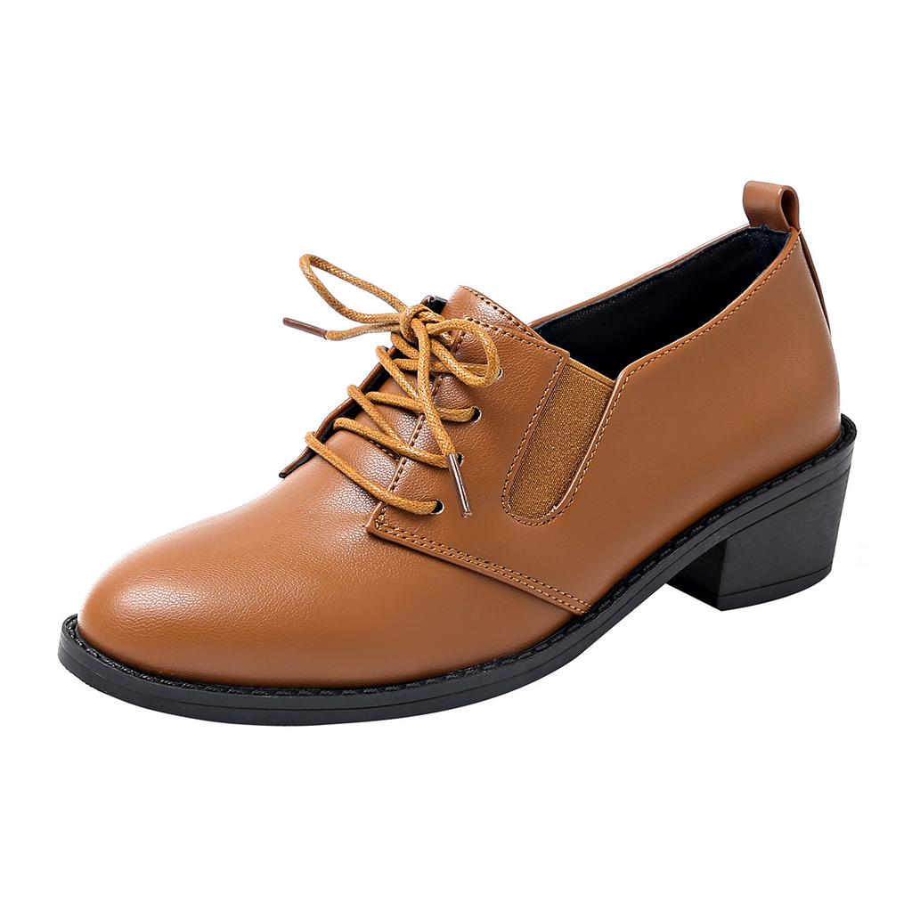 Fall 2025 New Thick-heeled Low-top Single Shoes Women's Plus-size Lace-up Retro Leather Shoes