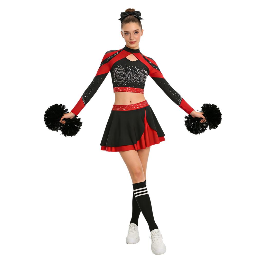Uniforme Brillante da Cheerleading da Donna Manica Lunga Strass Crop Top Gonna da Pattinaggio