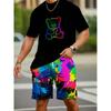 European Sizes Only Selling Men's Black Cotton T-shirt with Colorful Bear Graffiti Print - Adult Casual Short Sleeved Summer T-shirt