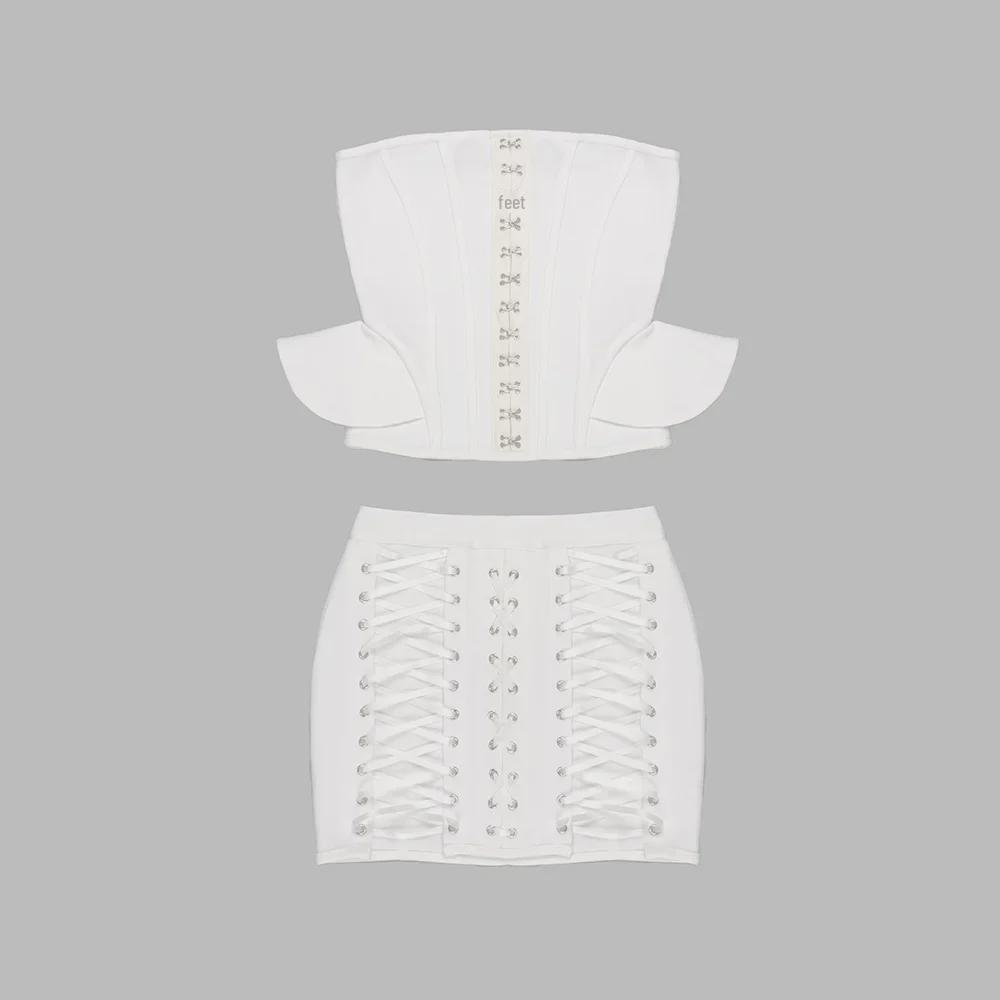 Women's Summer 2023 Corn Eyelet Tube Top & Shorts Two-Piece Set In White
