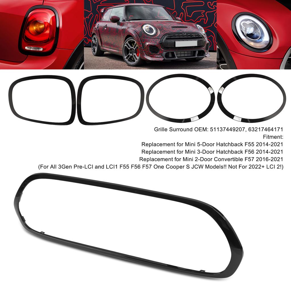 New 5Pcs Gloss Black Headlight Taillight Grille Surround Cover Trims Replacement for Mini F55 F56 F57 One Cooper S JCW 2014+