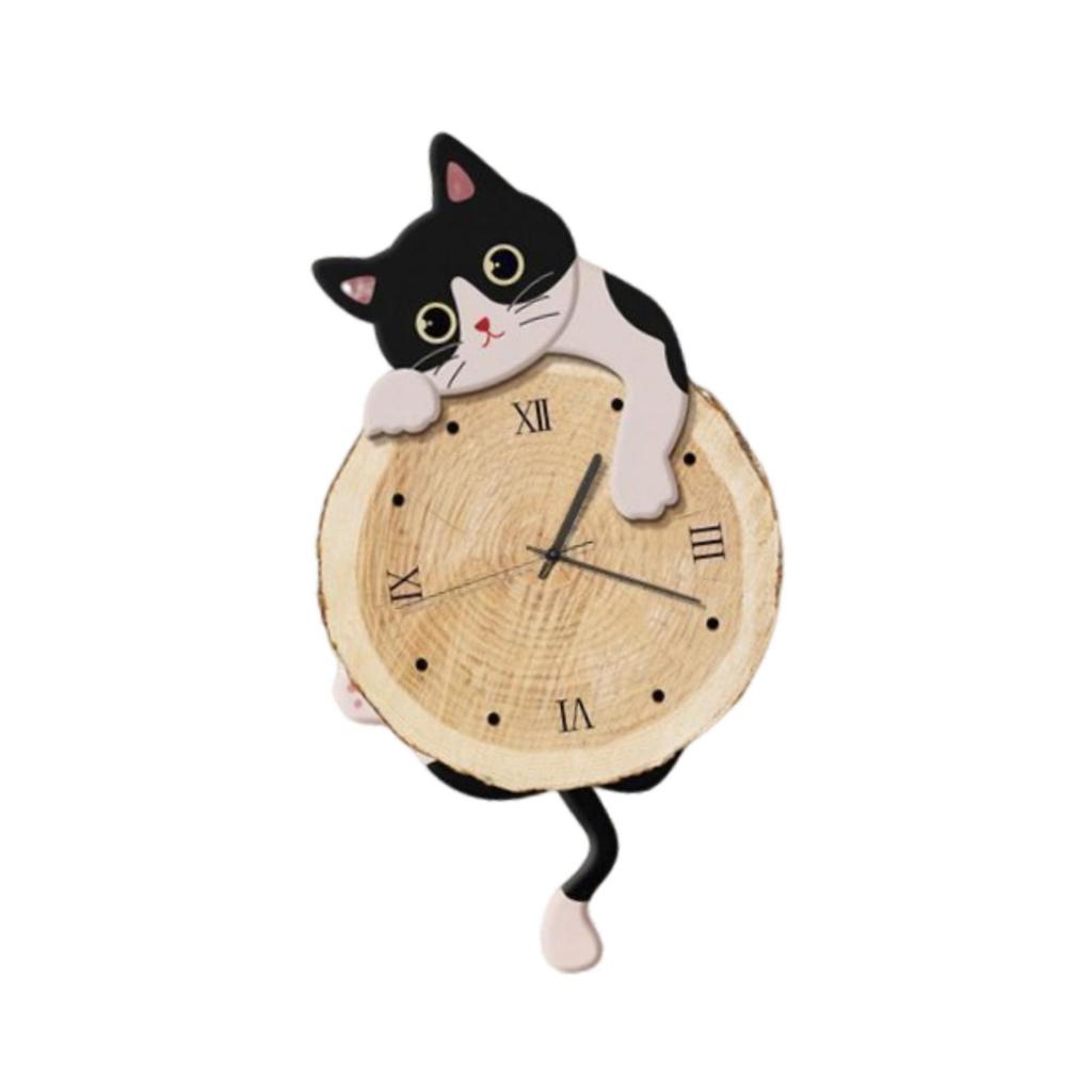 Cat Wall Clock Modern Animal Non Ticking Cute Analog Wall Clock with Swinging Tail Silent for Kids Room Indoor Housewarming Gift