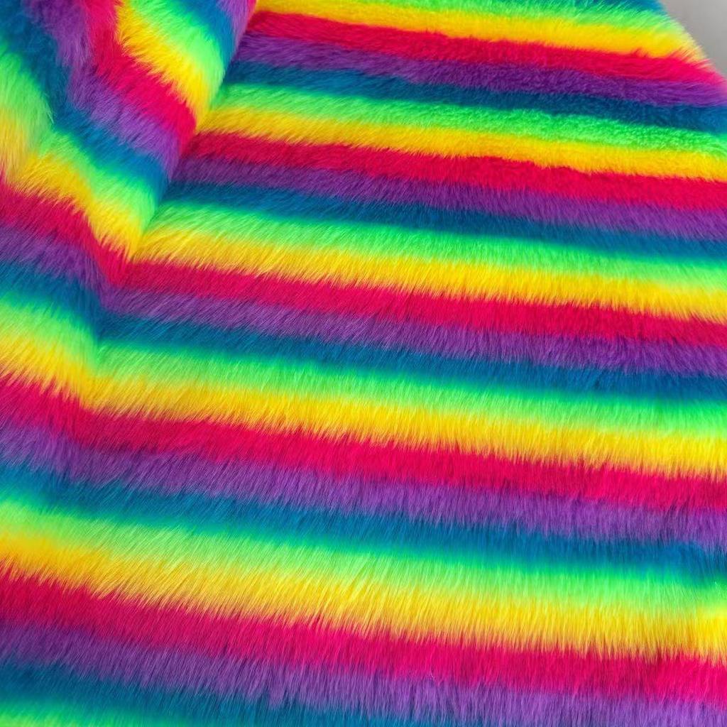 Gradient Five-Color Jacquard Faux Fur Tencel Fabric with Flocked Long Pile and Perforated Grid Design