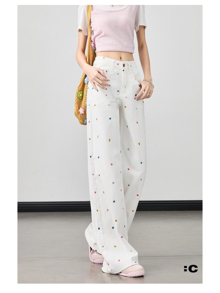 2026 Spring/Summer Women's Plus Size High-Waisted Wide-Leg Jeans with Floral Embroidery - White, Slimming, Versatile