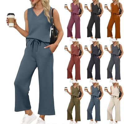 Women's Casual Fashion Sleeveless V-Neck Loose Wide Leg Pants Set