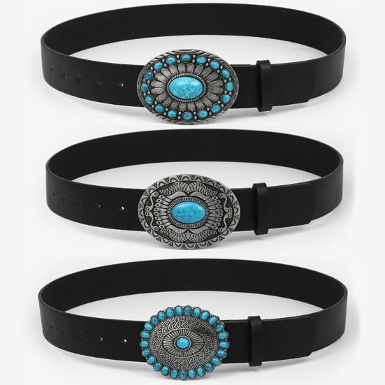 Western Belt Retro Turquoise Design Distressed Silver Buckle Faux Leather Wide Navajo Ethnic Style