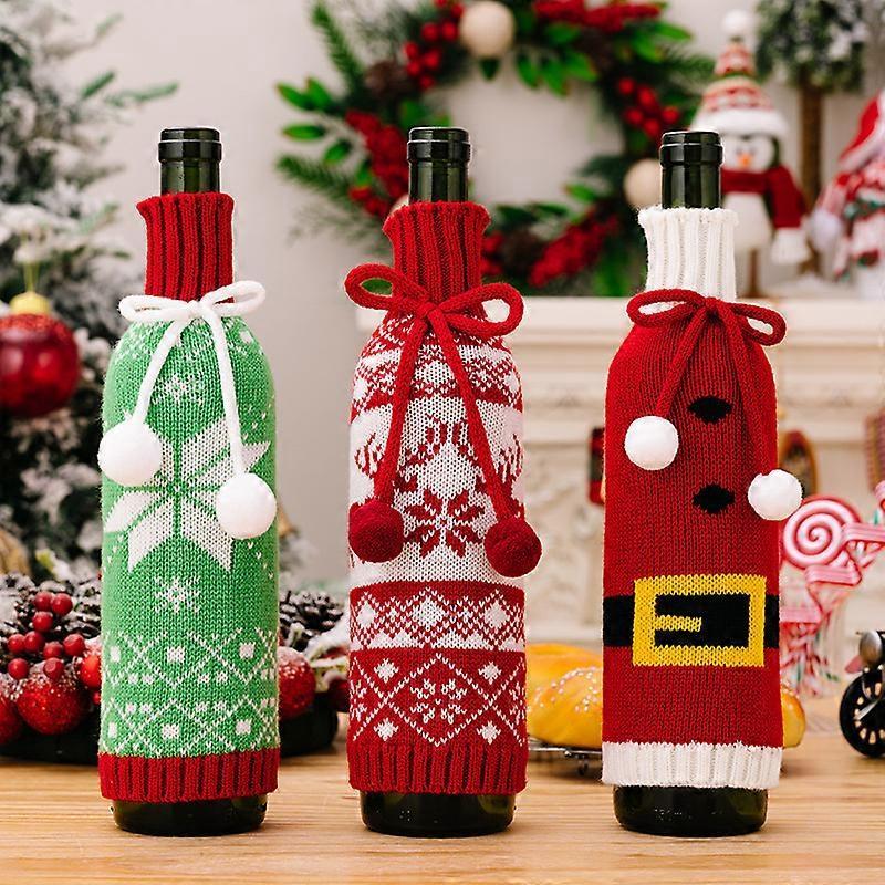 New Christmas decoration supplies knitted wine bottle cover woolen champagne wine cover Christmas snowflake wine cover 3PCS