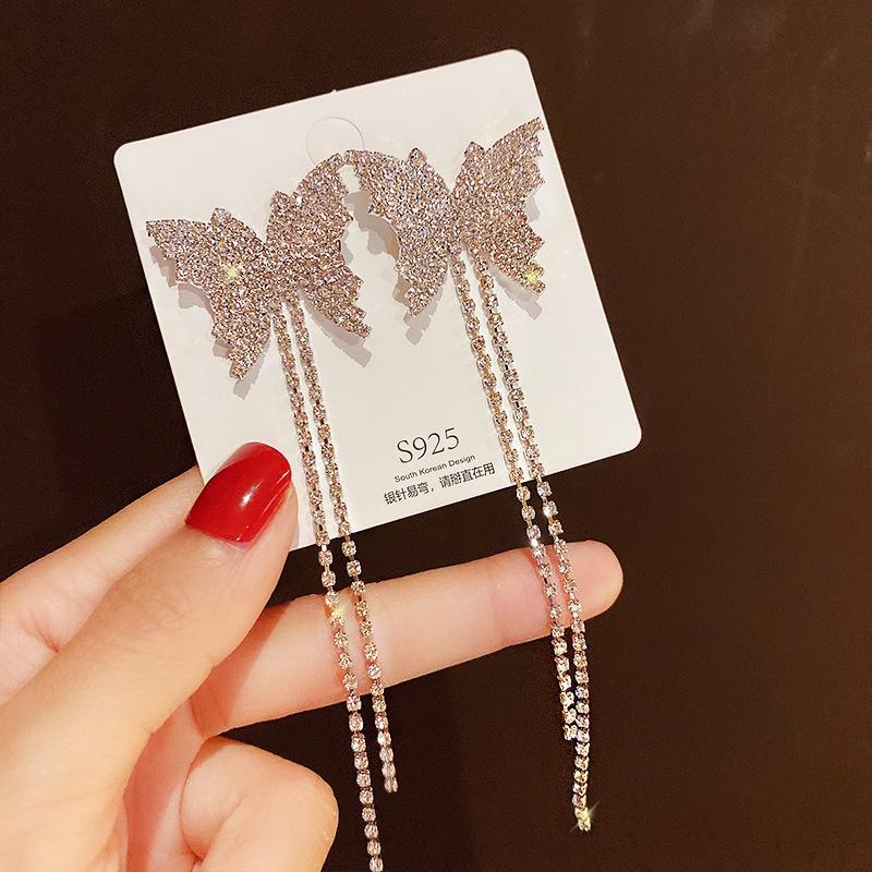 Silver needle butterfly tassel long earrings female, temperament super flash design earrings fairy earrings 925 silver needle