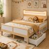 Cama infantil 140×200 cm, cabeceira com orelhas de gato & LED RGB, estrado de ripas, gaveta & compartimento de arrumação, grades de proteção, branco & carvalho, sem colchão