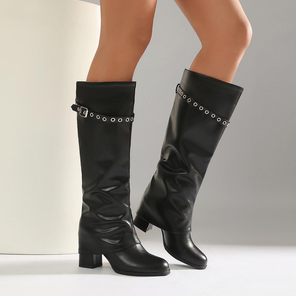 Trend Pleated Stacked Boots Pants Tube Boots Belt Buckle Rivet High Tube Thick High Heel Western Boots 40-43 Large Size