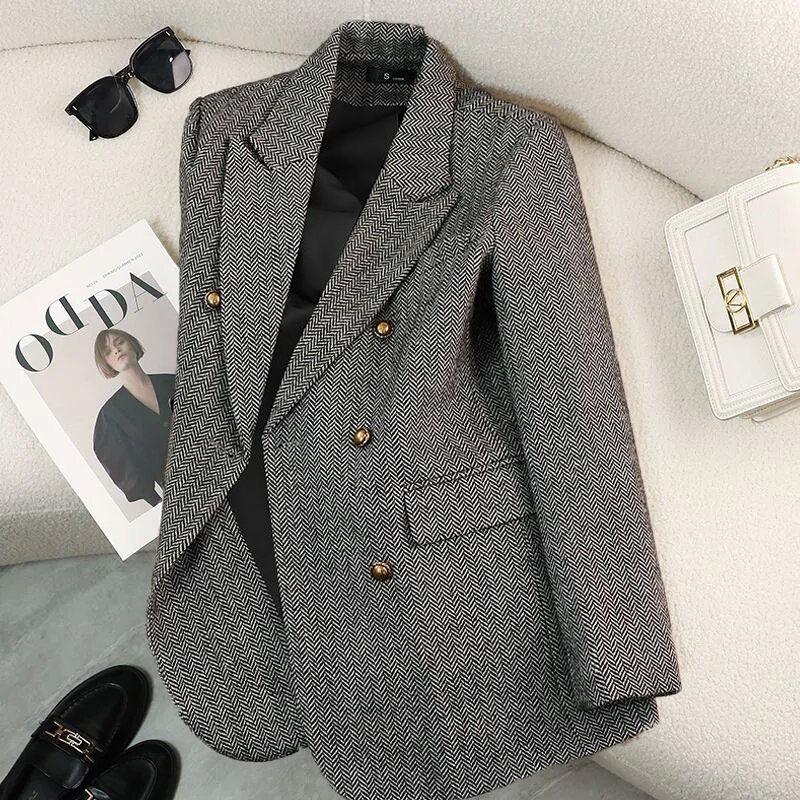Retro Elegant Women's Long Sleeve Suit Jacket Casual Loose Fit Korean Style Autumn Winter New Arrival plus Size Casual Top