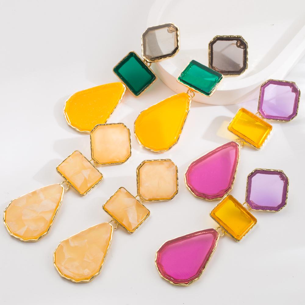 

ZA Retro Geometric Colorful Resin Teardrop Dangle Earrings with S925 Silver Needle