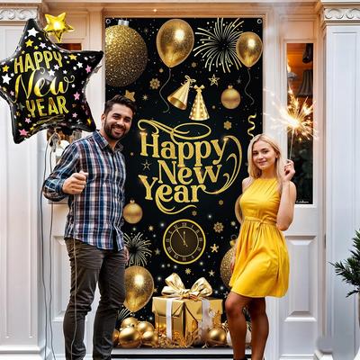 X 73 36 Inch Happy New Year Banner Door Cover Black And Gold Hanging Ornament Themed Porch Sign Large Front Door Wall Backdrop