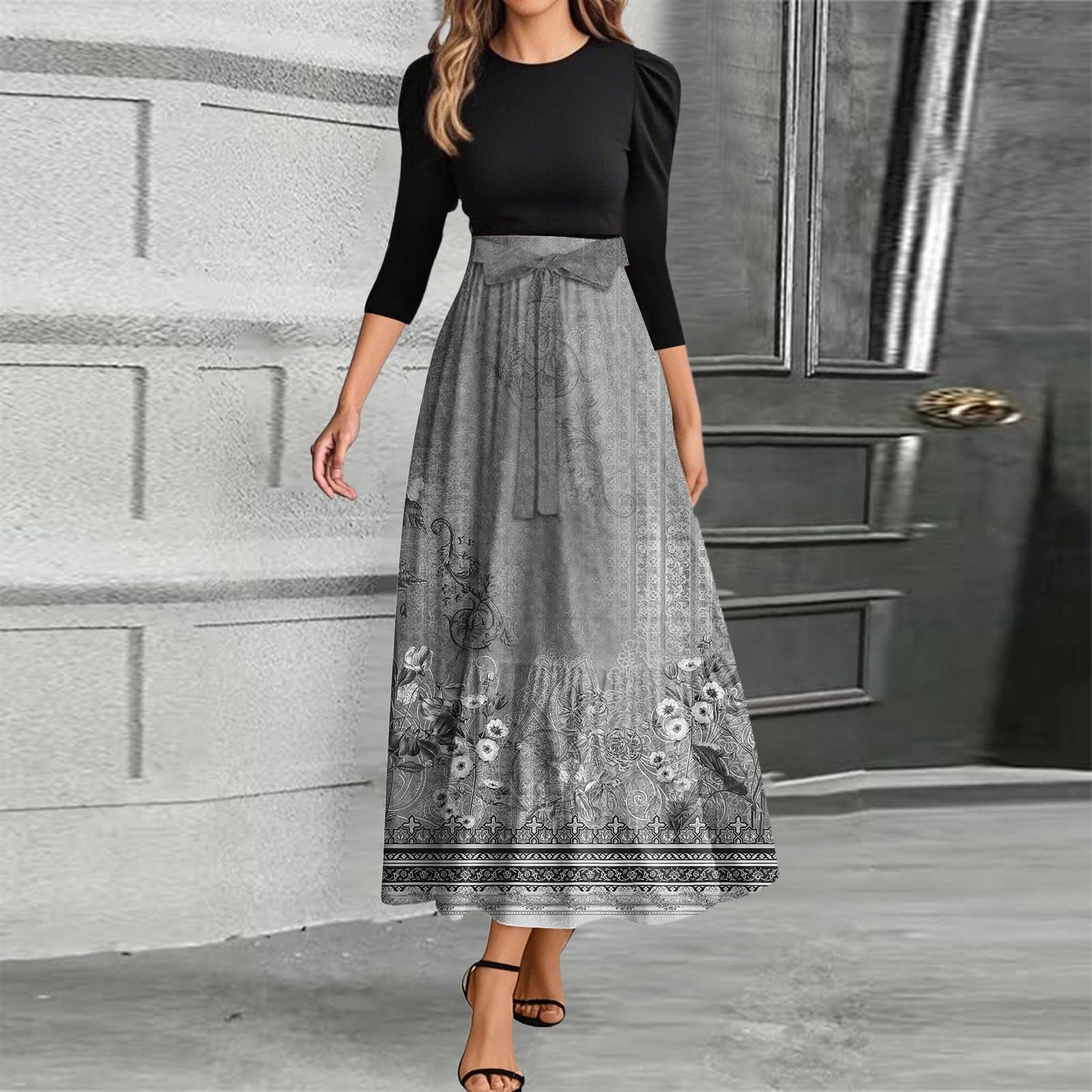 

Women s Fashion Casual Belt Round Neck Floral Stitching Elegant Temperament Three-quarter Sleeve Dress XXL чорний