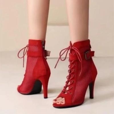 Nové ušlechtilé vysoce kvalitní jazzové taneční boty pro ženy Sexy červené kotníkové boty na podpatku Peep Toe zip Sálové taneční sandály