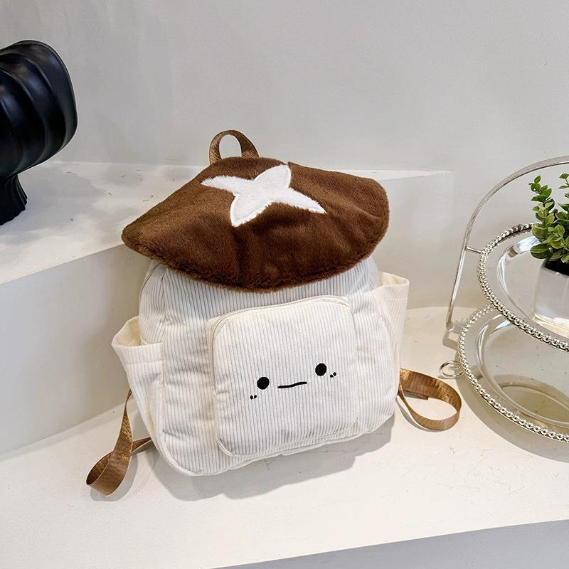 Women's Kawaii Plush Mushroom Backpack Cute Tote Bag with Adjustable Straps Zipper Closure Corduroy Red/White Student Backpacks