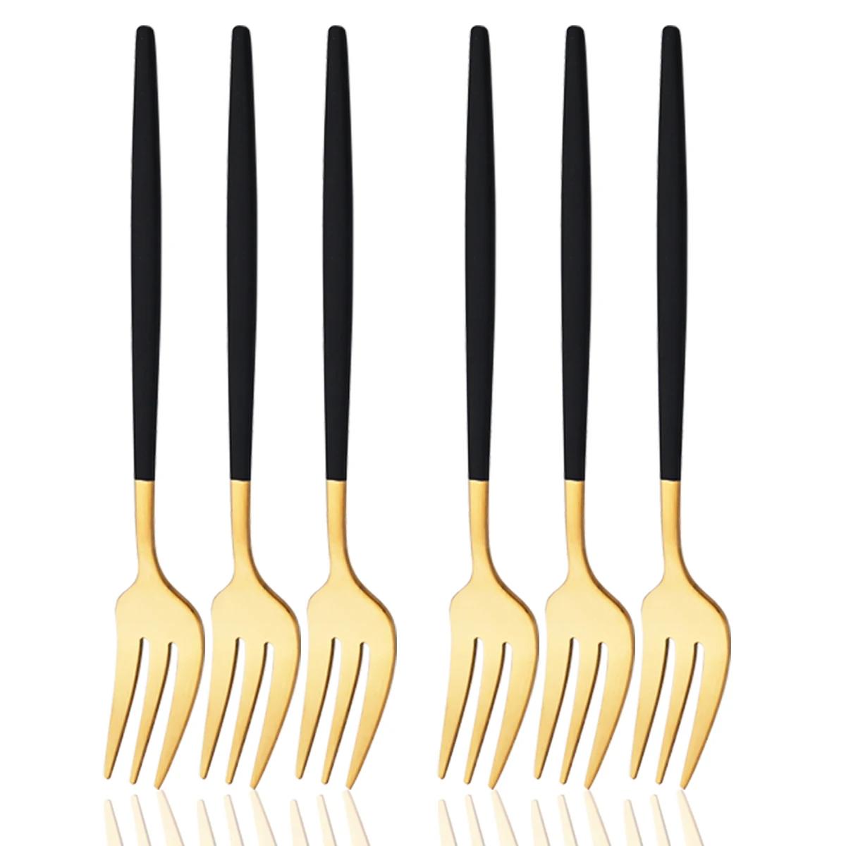 

Набор столовых приборов из нержавеющей стали, 6 шт., маленькая вилка, черно-золотой, столовая посуда, вилка для торта, вилка для фруктов, вилка для десерта, столовые приборы, кухонный аксессуар