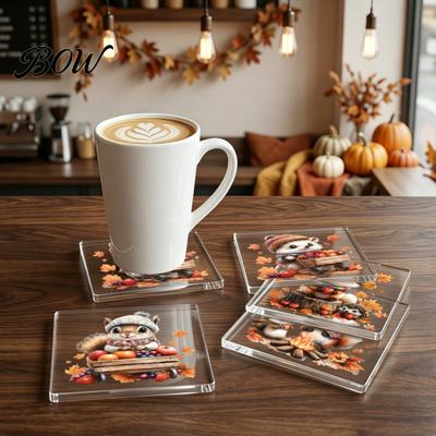 Double Sided Printed Drink Coasters 4Pcs Maple Leaf Squirrel Acrylic Coaster, 2D Reversible Cup Mat for Coffee Halloween Brain Pattern Table