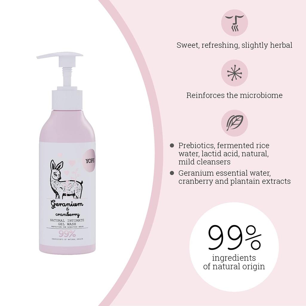 YOPE Natural Delicate Soothing geranium and cranberry scent for Made with natural A feminine gel wash for delicate Wash, 300ml. irritation-free skin.