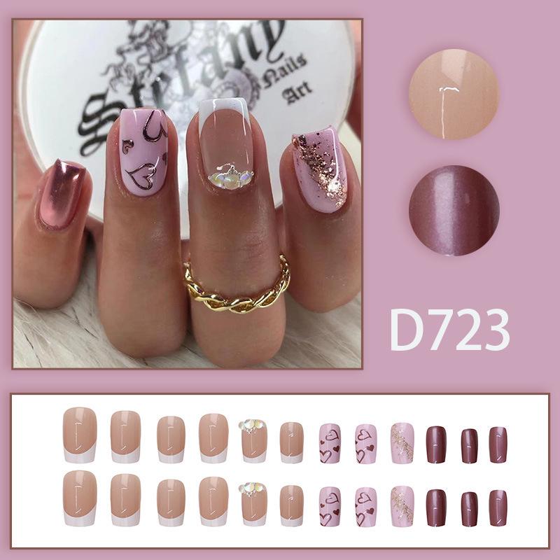 White French Aurora Heart Shape False Nails - Diamond Style