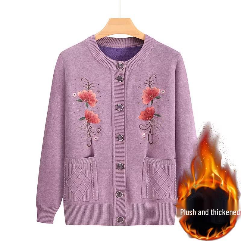 

Warm Autumn & Winter Sweater for Middle-Aged and Elderly Women - Embroidered Knitwear with Velvet Lining One Size