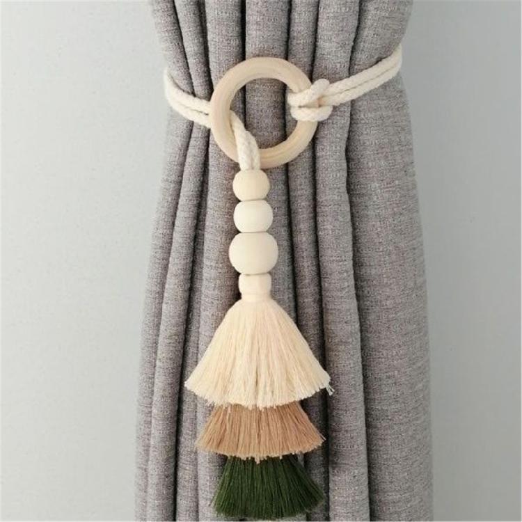 2 Pack Cotton Rope Curtain Holdbacks Ties Decorative Drapery Clip With Fringe and Wooden Beads for Living Room Decors