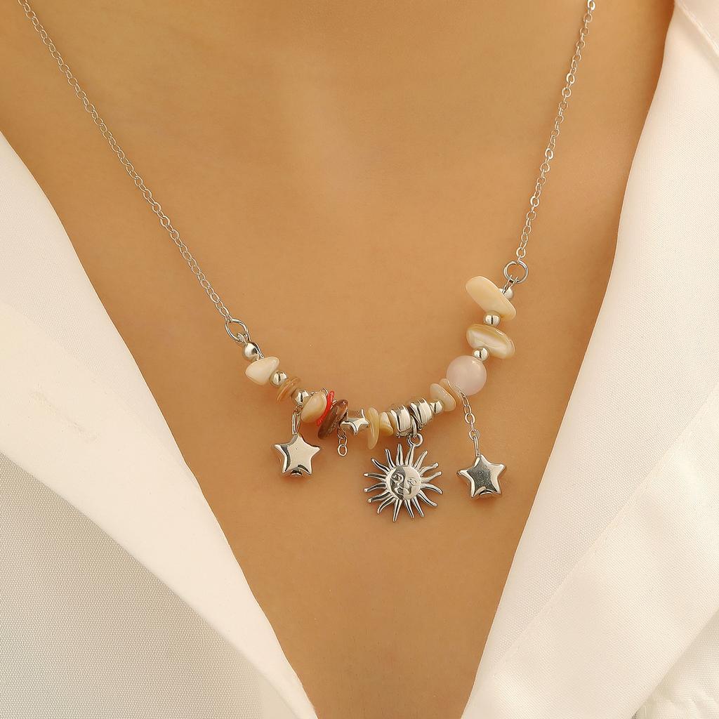Boho Multicolored Stones Beaded Necklaces for Women Ladies Vintage Metal Star Moon Sun Pendant Necklaces Vacation Jewelry Gifts