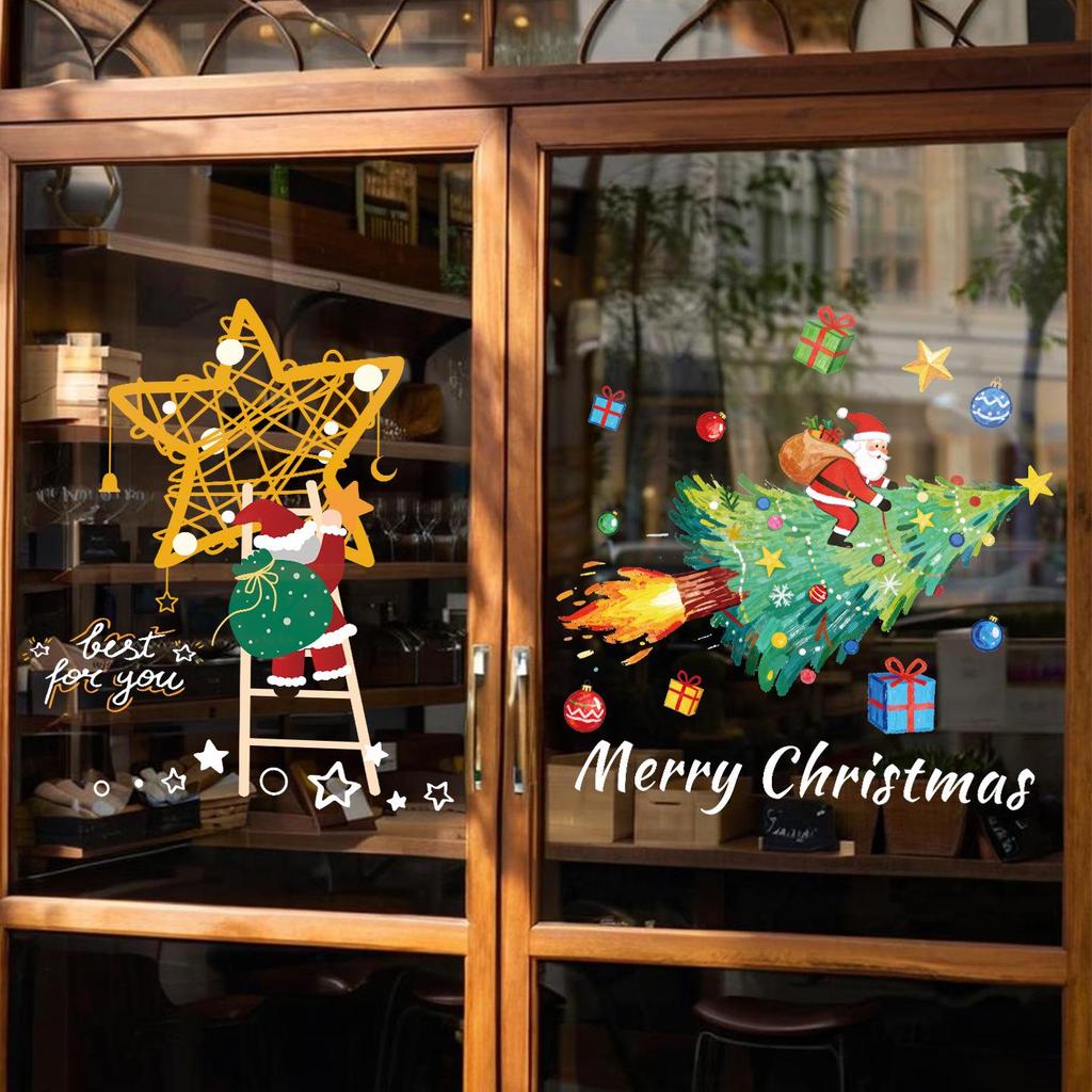 Santa Claus Holiday Window Cling Stickers: Christmas Atmosphere Decoration for Glass Doors
