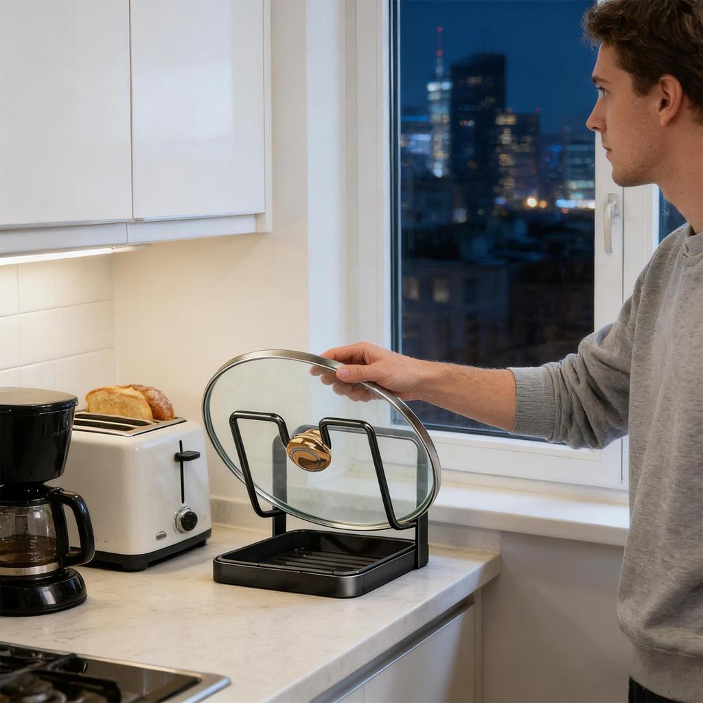 Pot Lid Holder Carbon Steel Drying Rest With Tray Pot Lid Holder While Cooking For Cutting Board Baking Sheet Utensil Kitchen